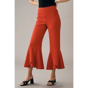 Maeve By Anthropologie Late Night Frills Ruffle Flare Cropped Pants Red US 4